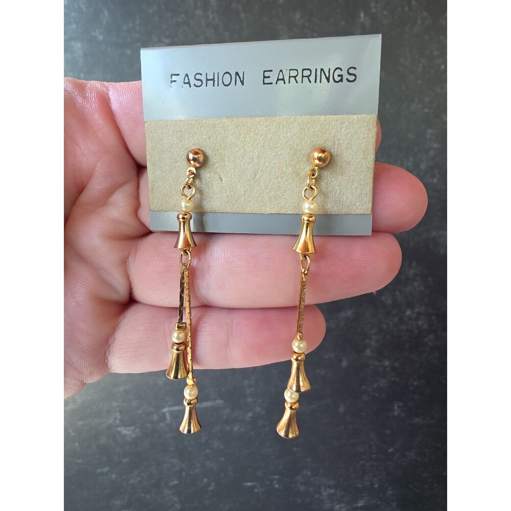 Gold Tone Metal Faux Pearl Dangling Pierced Earrings Vintage Costume Jewelry NOS